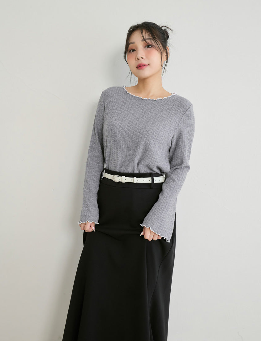 Contrast Lettuce-Edge Jacquard Plus Size Long Sleeve Top