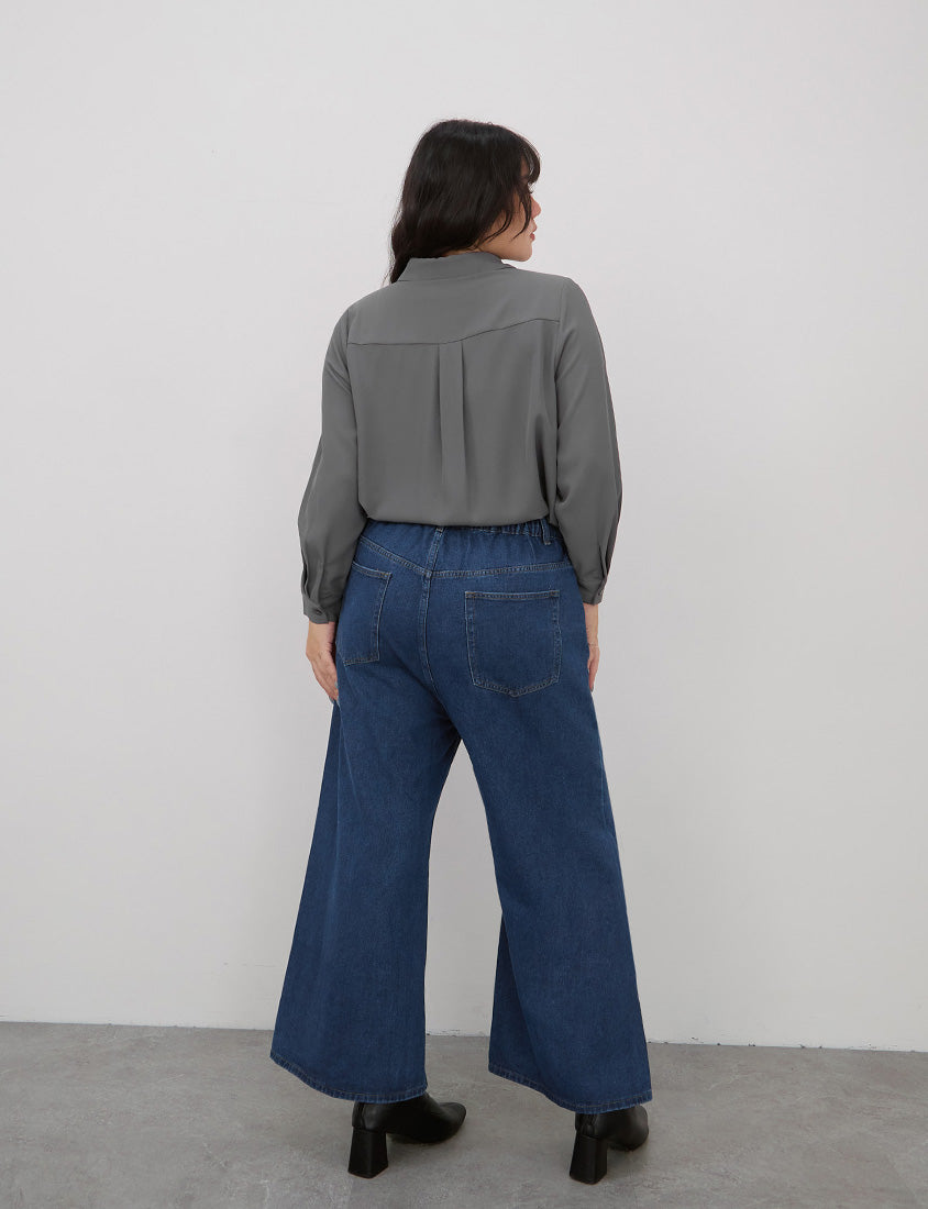 Vintage Washed Elastic Back Waist Plus Size Wide Leg Jeans