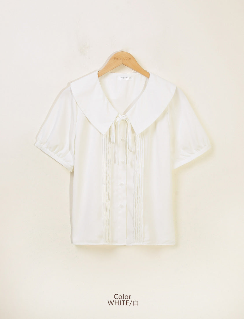 MISS. Sweet Pleated Lapel Collar Plus Size Puff Sleeve Blouse