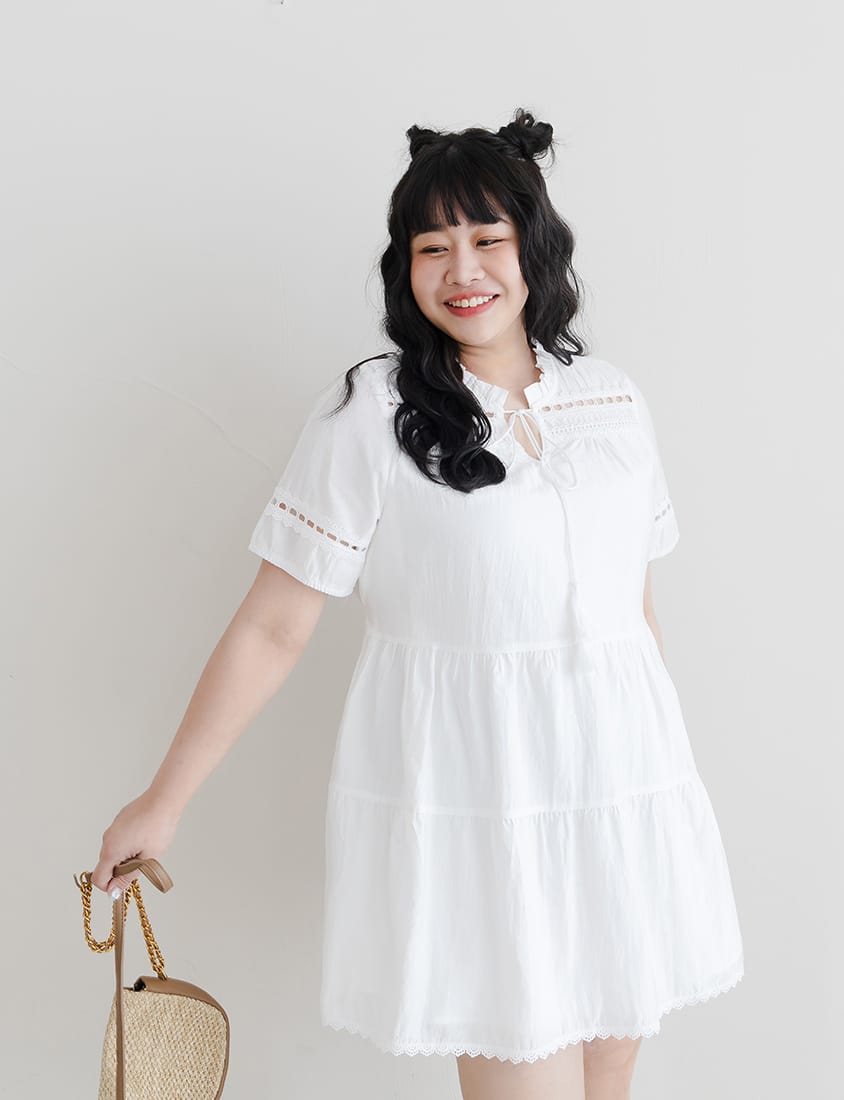 Intricate Lace Tie-Waist Flare Plus Size Mini Dress