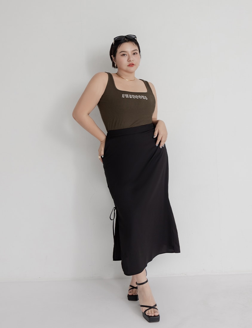 MUA! Hot Side Tie Elastic Back Waist Plus Size Maxi Skirt (with Belt)