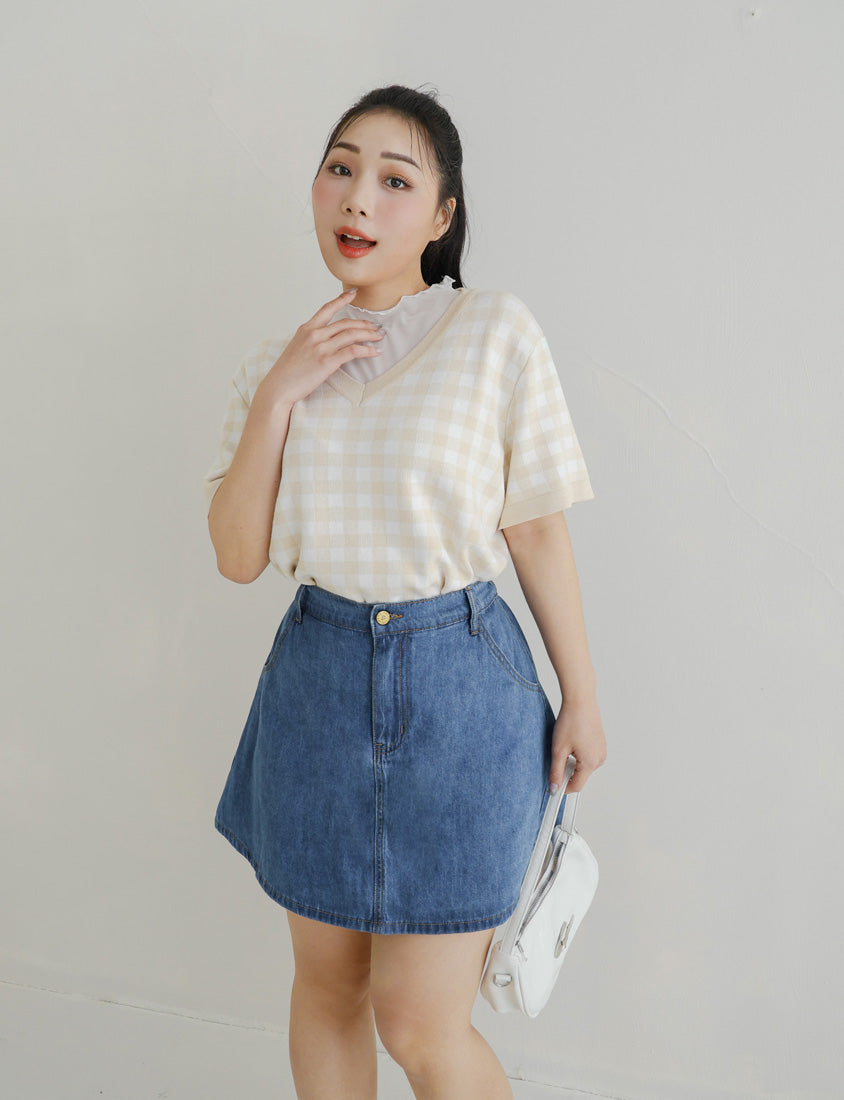 Plaid V-Neck Knit Plus Size Short Sleeve Top