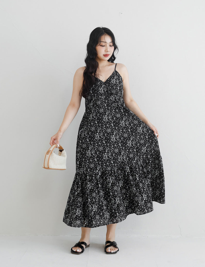Ruched Floral Flared Hem Plus Size Cami Strap Dress