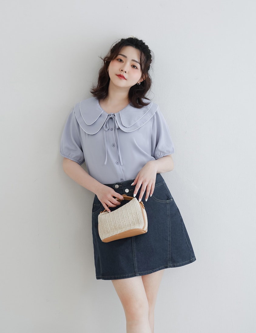 Double Layer Collar Tie Puff Sleeve Plus Size Blouse
