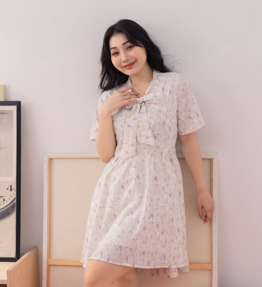 Gentle Lavender Tie-Waist Plus Size Flare Dress