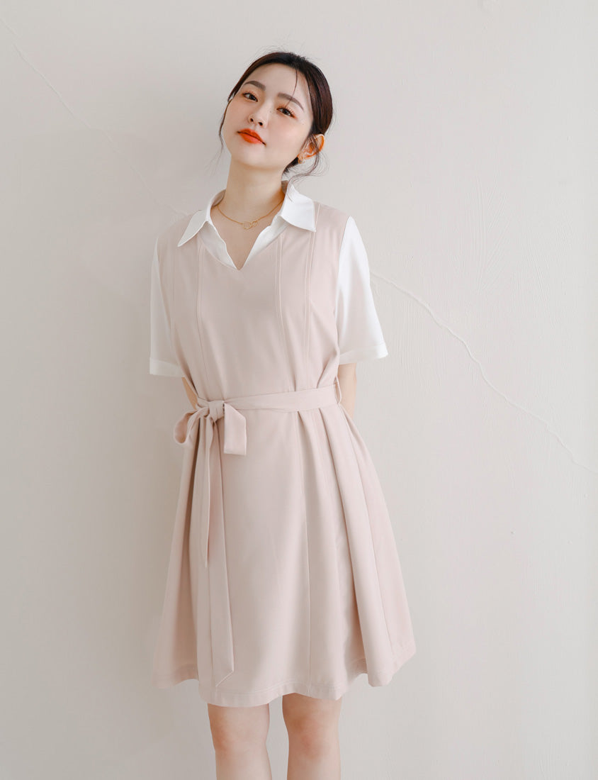 MISS. Faux Two-Piece Color-Block Stitching Plus Size Mini Dress (With Belt)