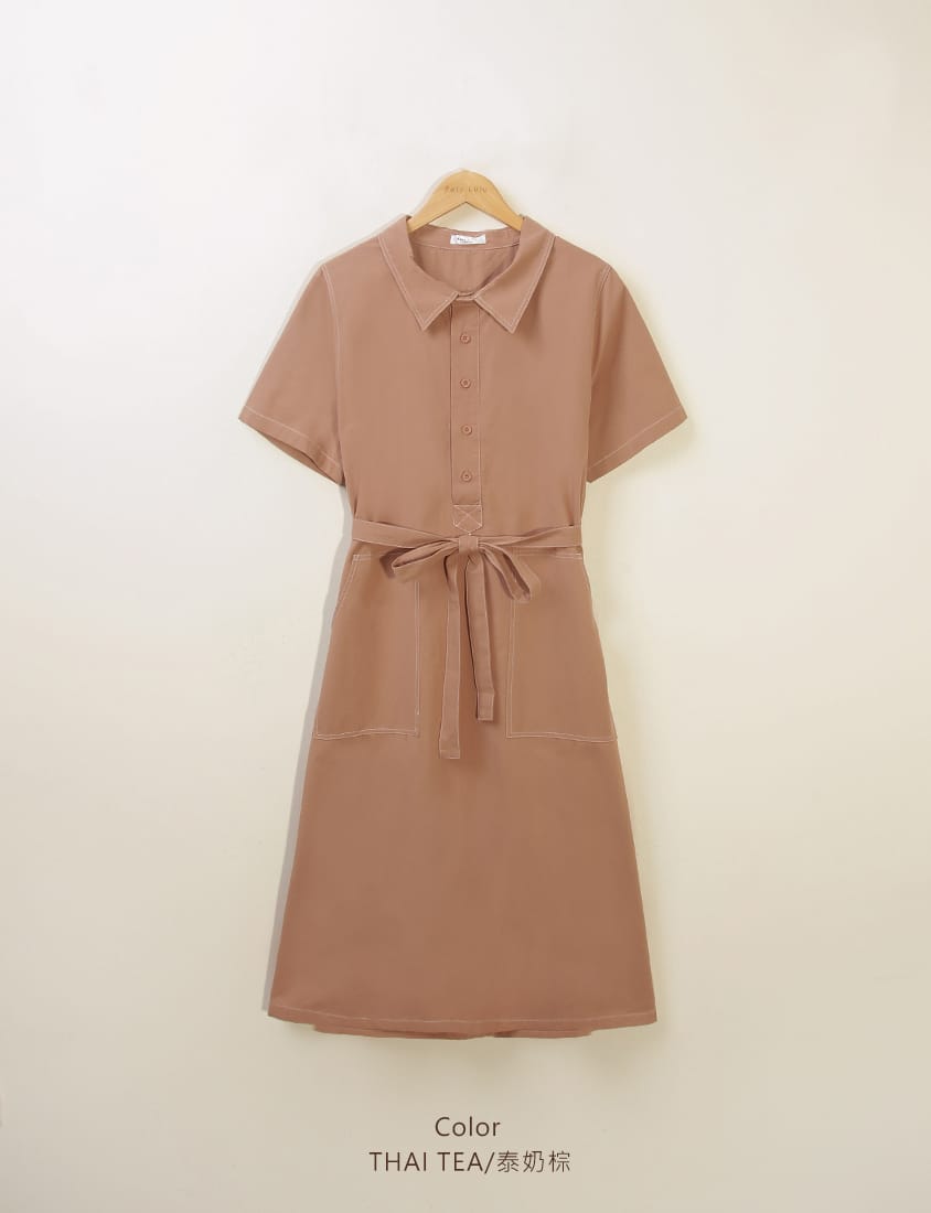 Color-Block Stitching Collar Twill Plus Size Maxi Dress (with Waist Tie)