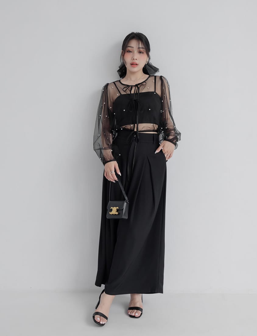 MISS. Romantic Sheer Pearl-Embellished Tie Plus Size Blouse