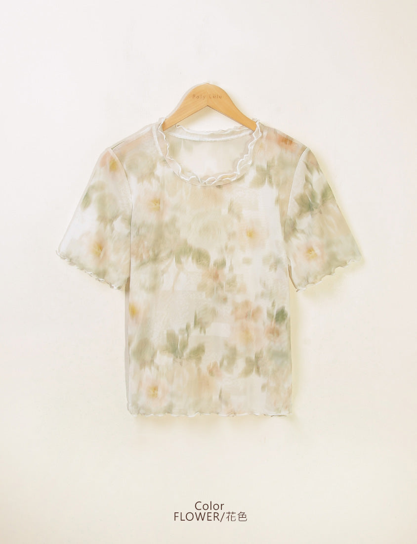 Double Layered Ruffle Sheer Stretch Plus Size Top