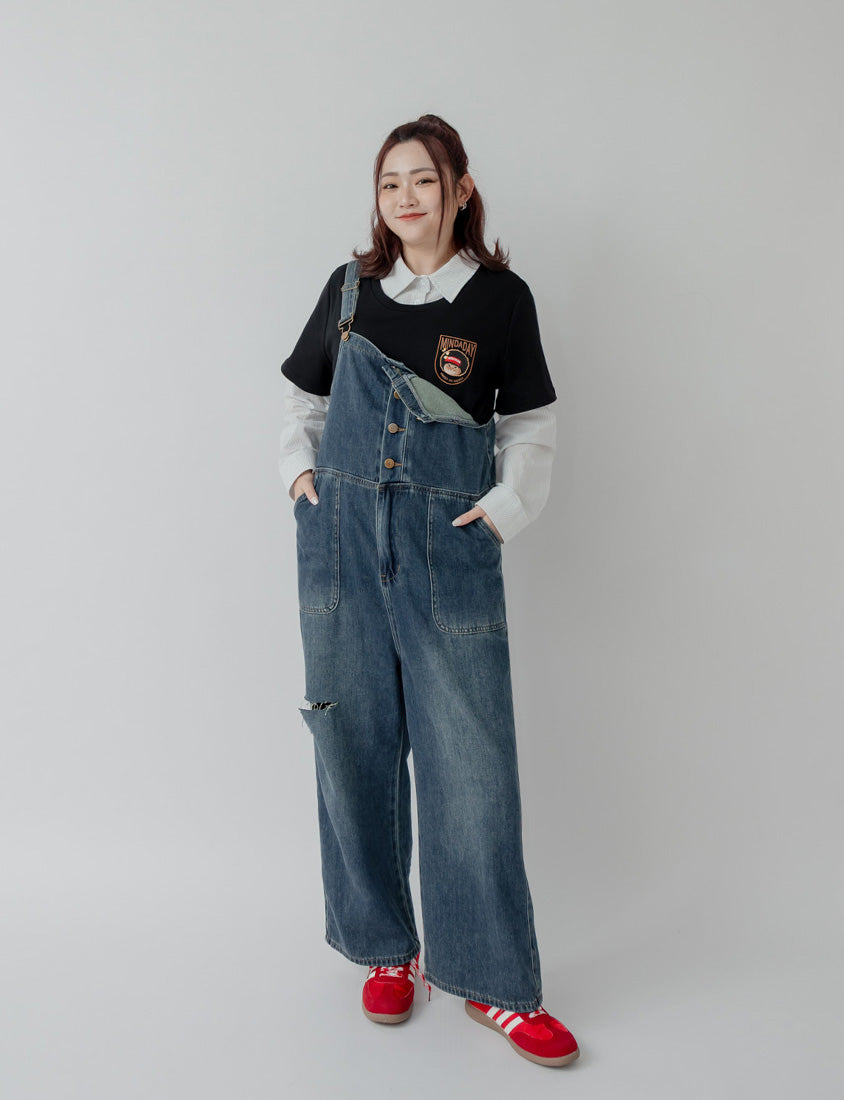 Distressed Button-Up Plus Size Denim Overalls