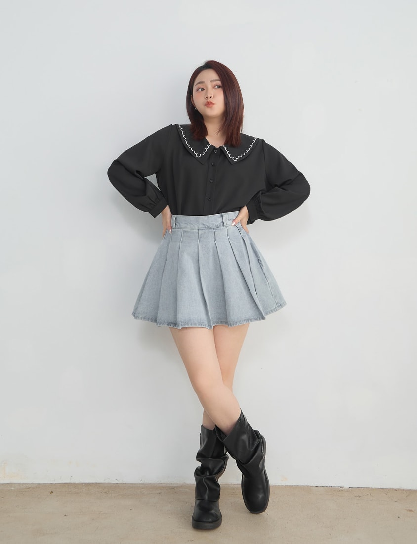 Contrast Embroidered Oversized Collar Plus Size Long Sleeve Shirt