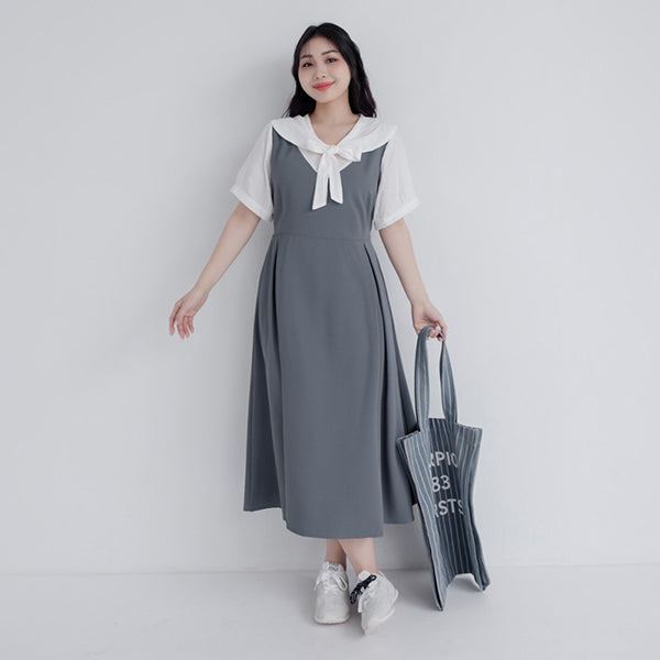 Mixed-Material Patchwork Faux Two-Piece Plus Size Maxi Dress