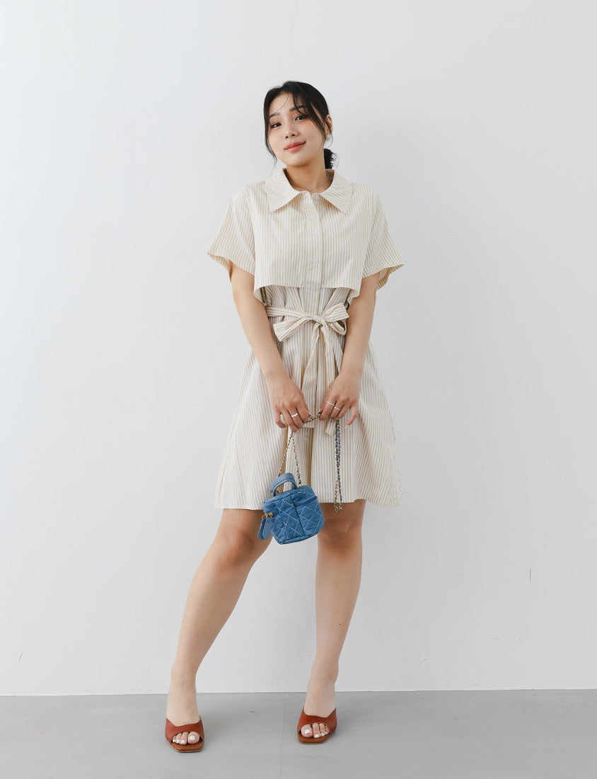 MISS. Japanese Style Striped Layered Plus Size Shirt Dress (with Belt)