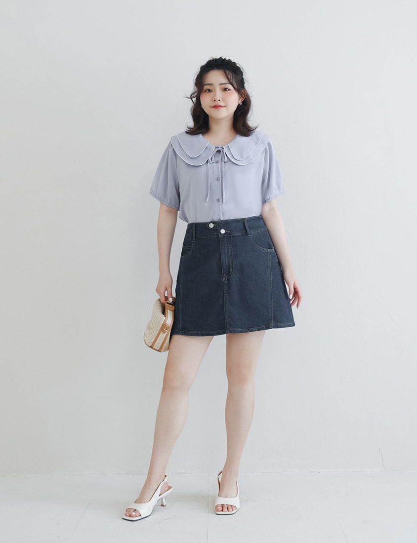 Stitched Waistband Plus Size Denim Skort (With inner pants)