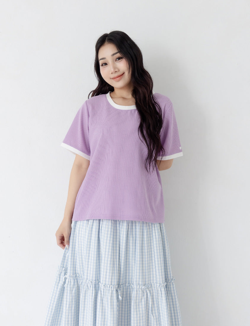 Colorblock Waffle Heart Embroidery Plus Size Top