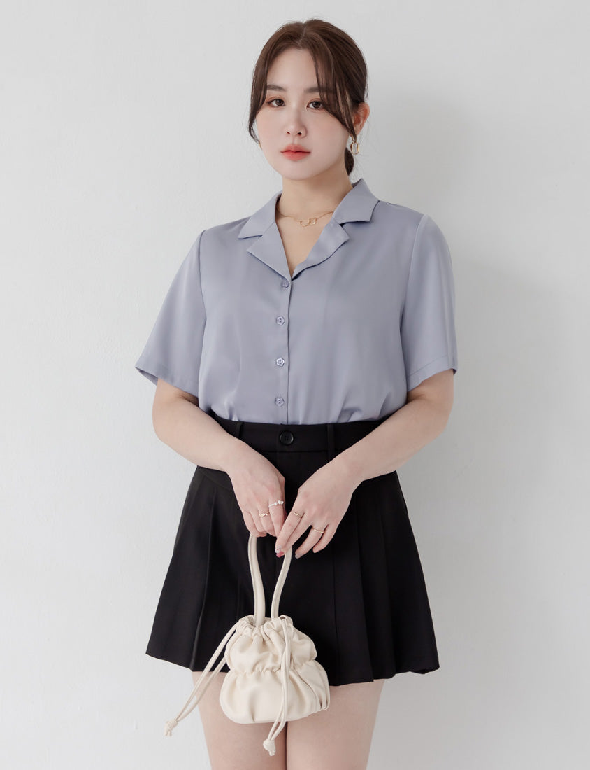 MISS. Glossy Satin Cuban Collar Plus Size Shirt With Floral Buttons