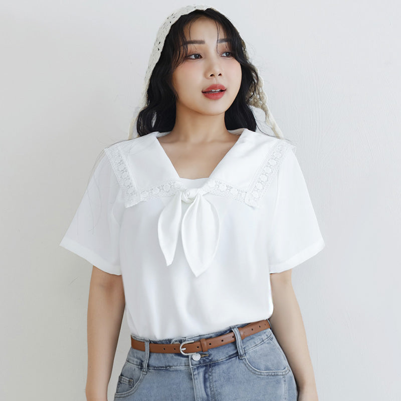 Japanese Style Lace Sailor Collar Tie Plus Size Top Blouse