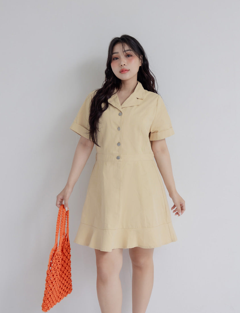 Twill Cuban Collar Cargo Ruffle Hem Plus Size Mini Dress