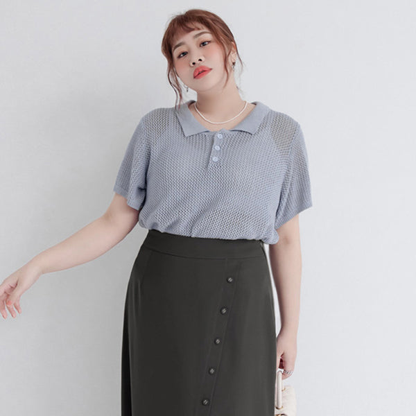 MISS. Polo Collar Knitted Hollow Plus Size Top