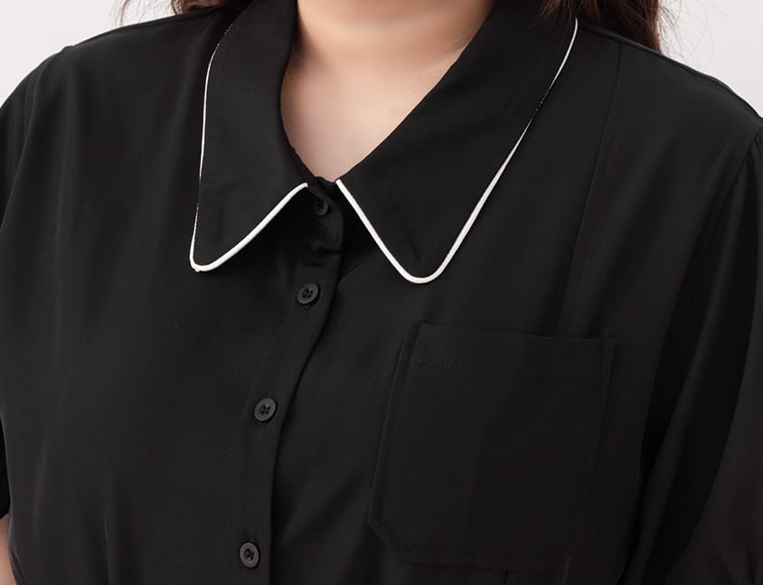 Color-Trimmed Plus Size Puff Sleeve Maxi Dress (With Waist Tie)