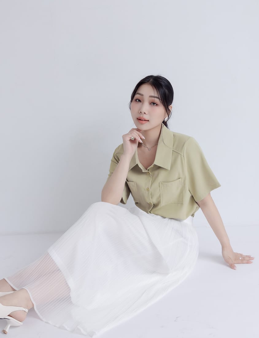 MISS. Drop Shoulder Stitching Double Pocket Plus Size Short Sleeve Shirt