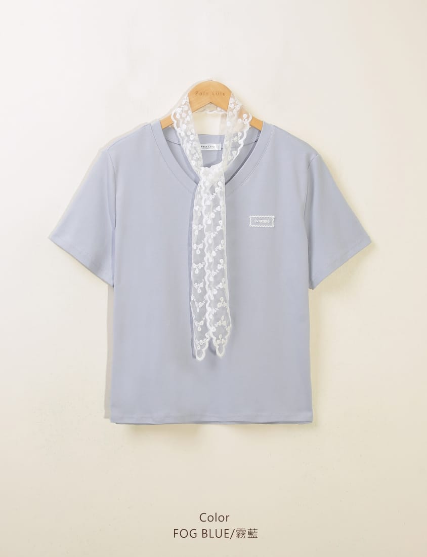 MISS. Cooling V-Neck Lace Plus Size Embroidered Tee (with Scarf)