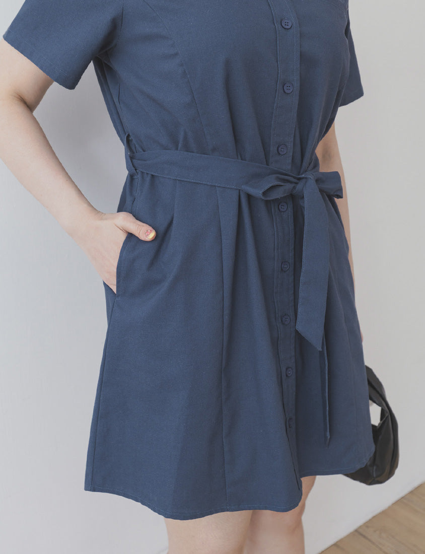 MISS. Korean-Style Button-Front Contrast Stitch Plus Size Dress (with Waist Tie)