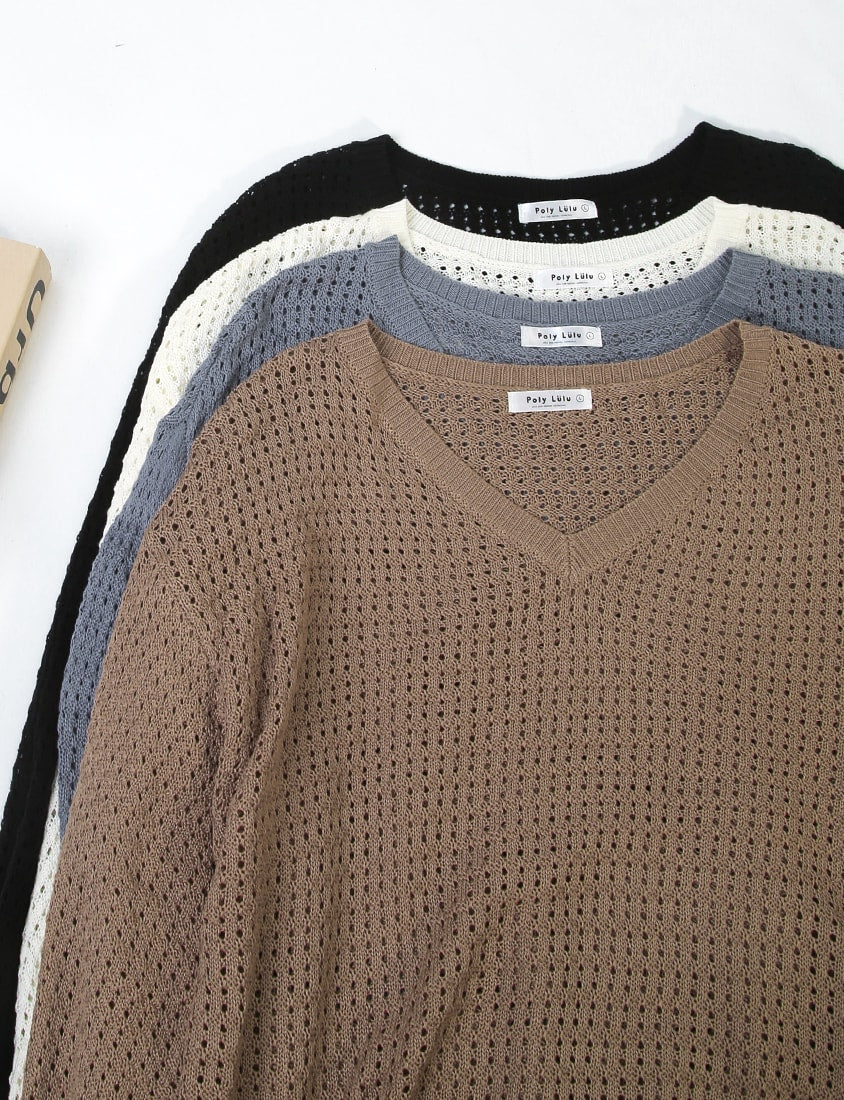 Anti-Pilling V-Neck Eyelet Plus Size Knit Top