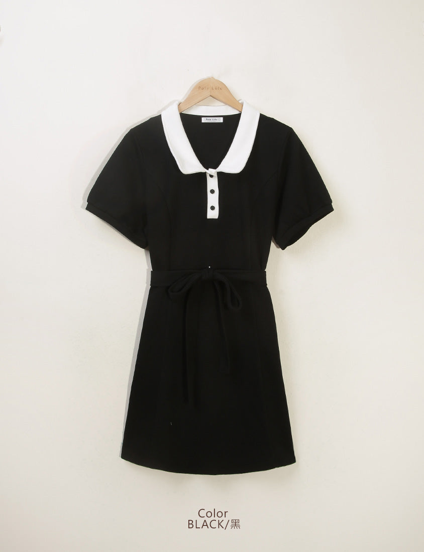 Color-Block Polo Collar Plus Size Mini Dress (With Belt)