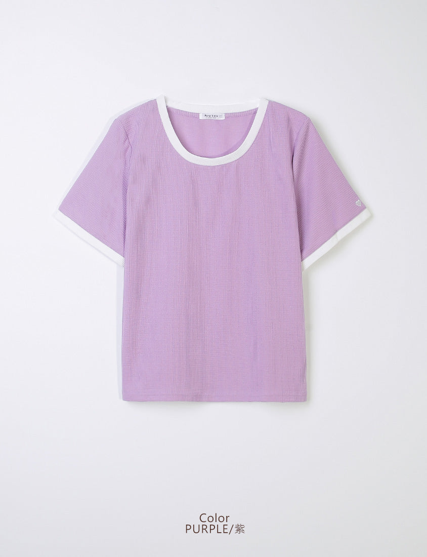 Colorblock Waffle Heart Embroidery Plus Size Top