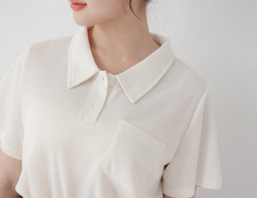 Skin-Friendly Waffle Knit Polo Plus Size Top