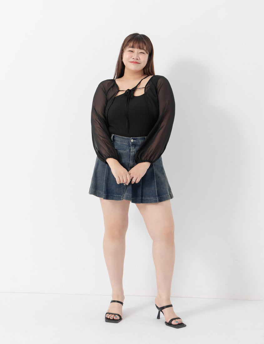 Japanese Style Puff Sleeve Tie Sheer Cropped Plus Size Cover-Up