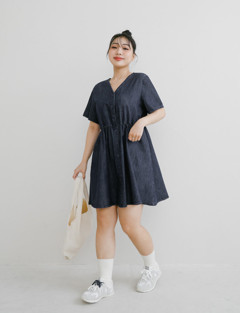 V-Neck Lightweight Denim Elastic Waist Button Plus Size Mini Dress