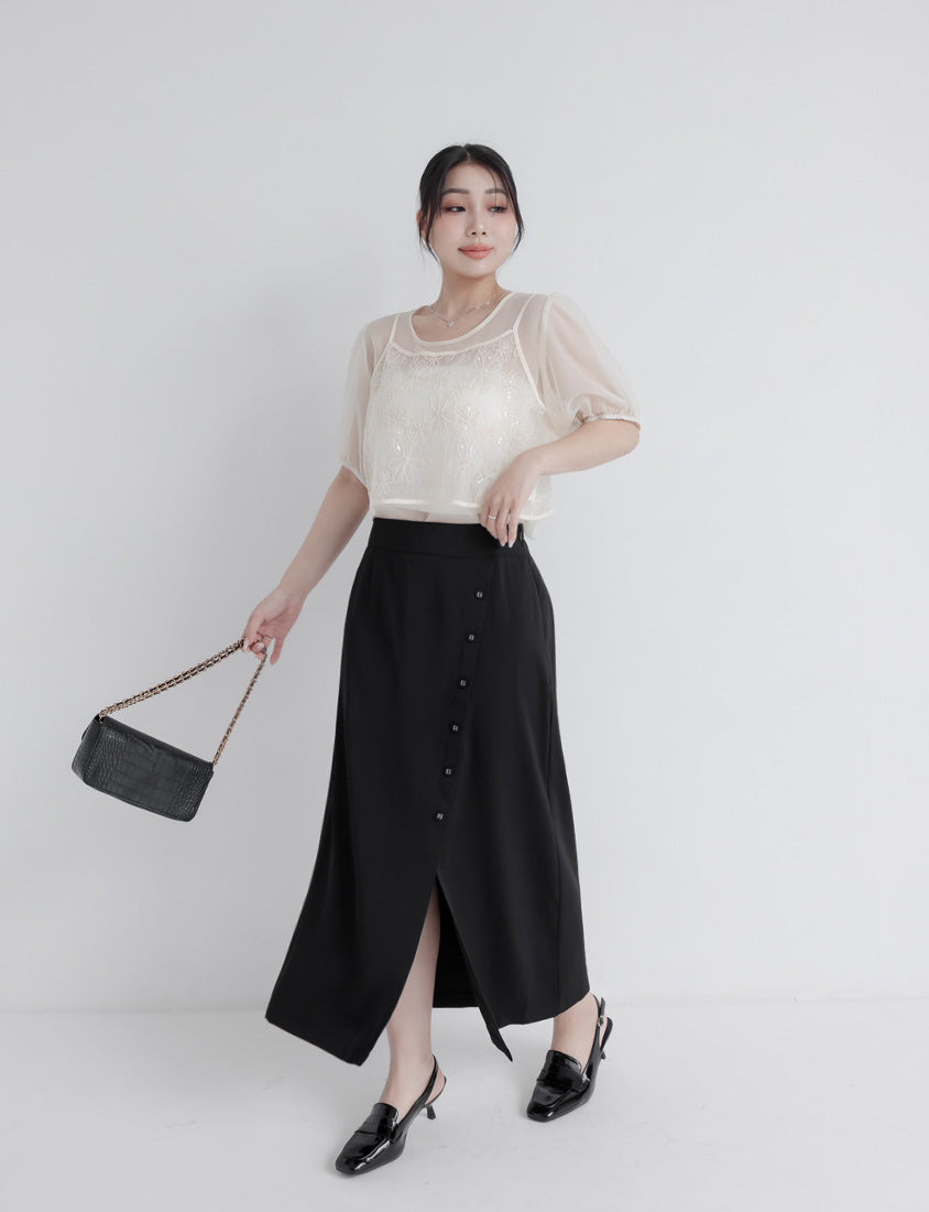 MISS. Korean Style Asymmetrical Button Slit Elastic Waist Plus Size Maxi Skirt