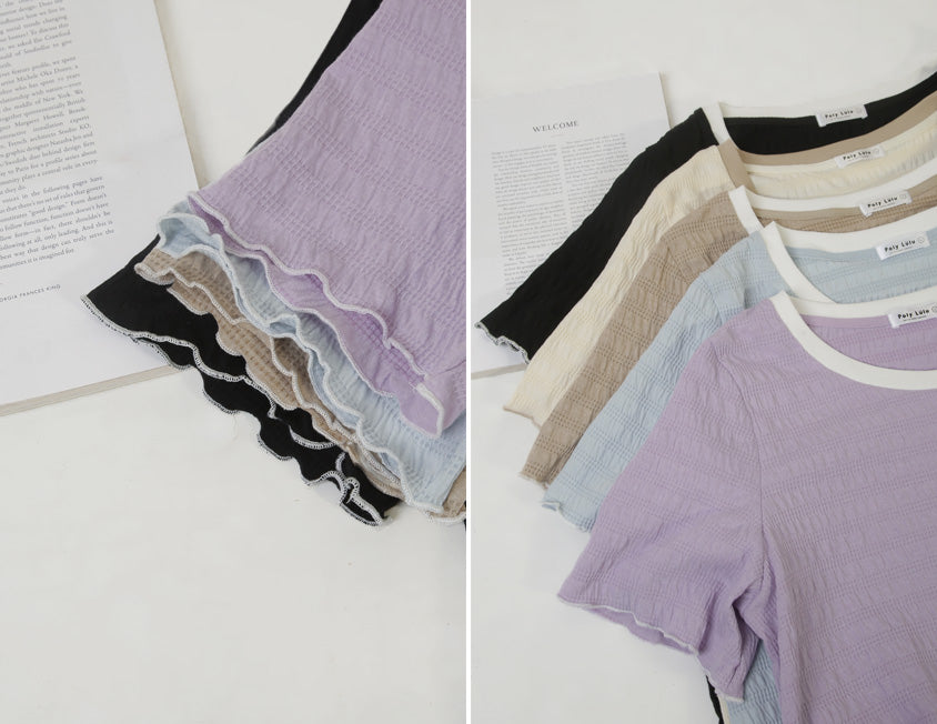 Multicolor Crew Neck Color-Block Crinkled Plus Size Short Sleeve Top
