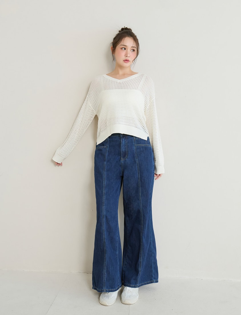 Anti-Pilling V-Neck Eyelet Plus Size Knit Top