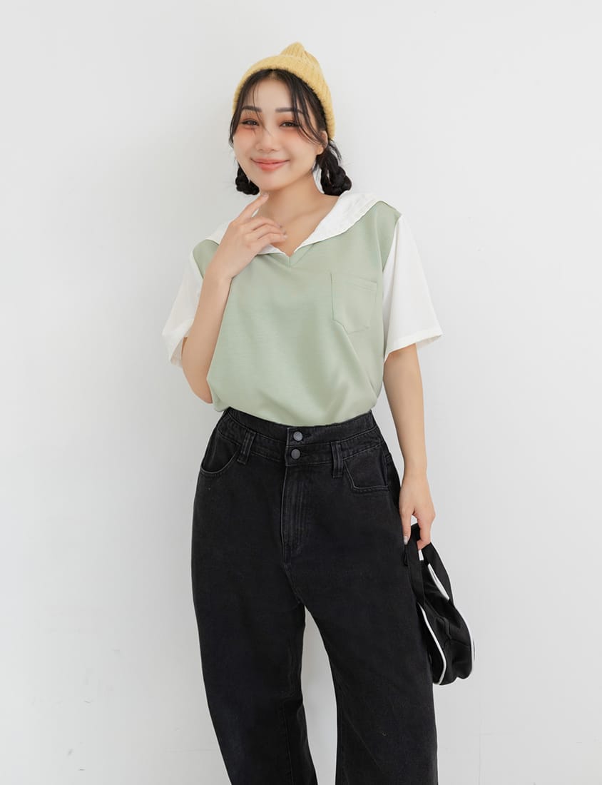 Space Cotton Sailor Collar Faux Two-Piece Plus Size Top