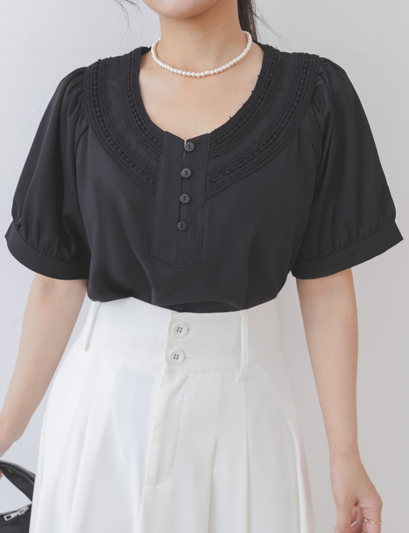 MISS. V-Neck Lace Embroidered Plus Size Puff Sleeve Top
