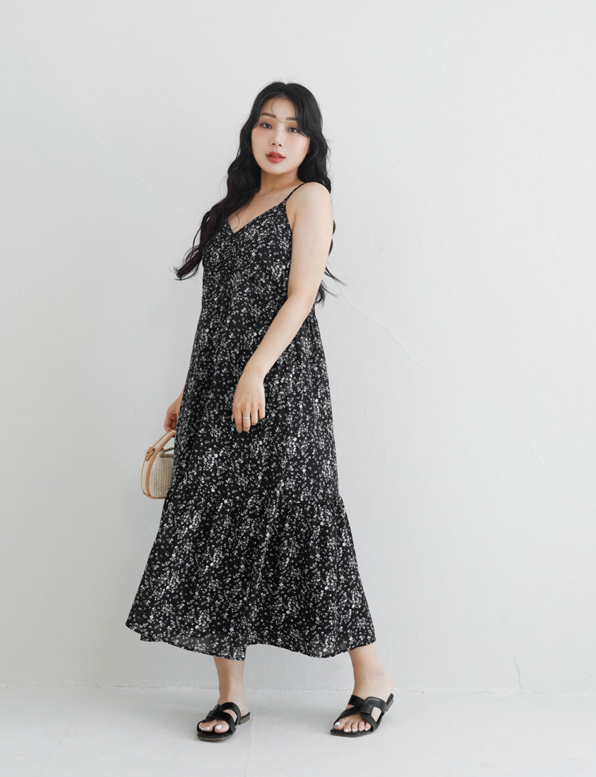 Ruched Floral Flared Hem Plus Size Cami Strap Dress