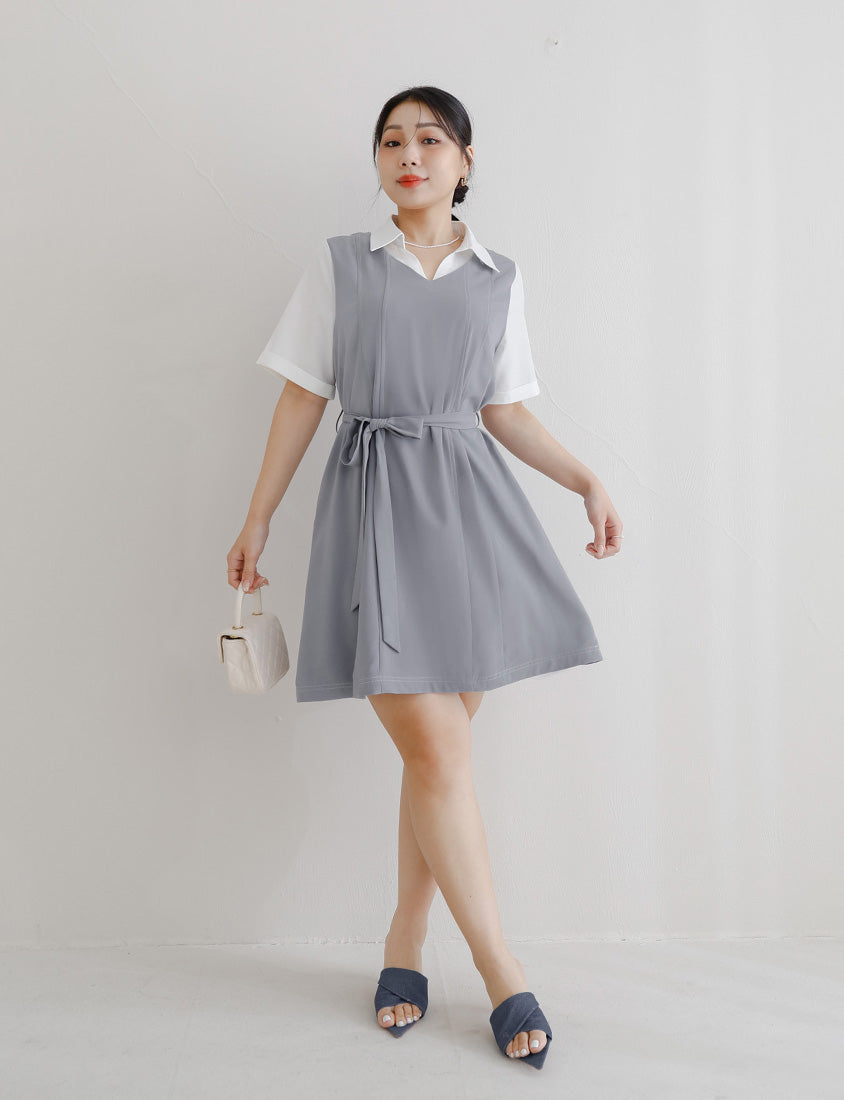 MISS. Faux Two-Piece Color-Block Stitching Plus Size Mini Dress (With Belt)