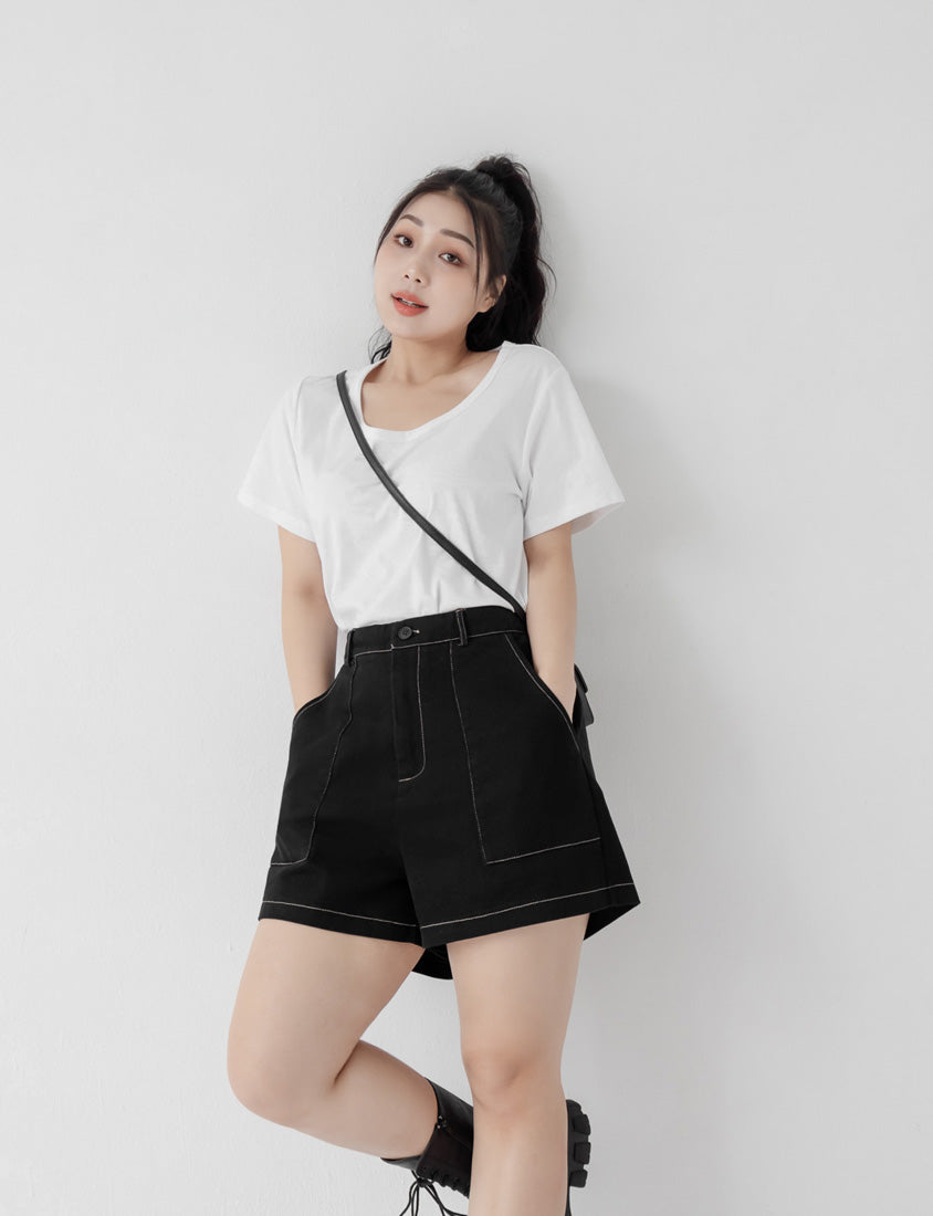 Twill Contrast Stitch High Waist Plus Size Shorts
