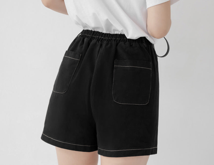 Twill Contrast Stitch High Waist Plus Size Shorts