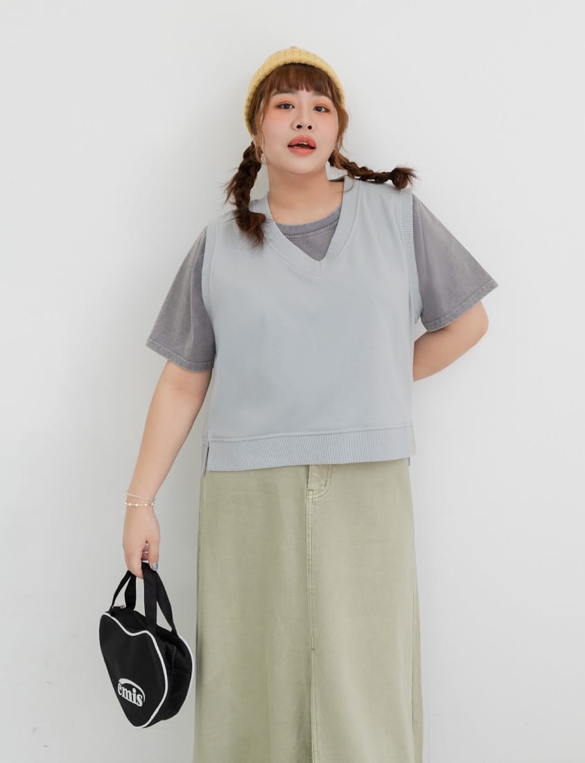Sweet Versatile V-Neck Cotton Side Slit Plus Size Vest