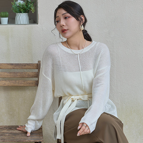 MISS. Korean Sheer Knit Plus Size Long Sleeve Top (with Waist Tie)