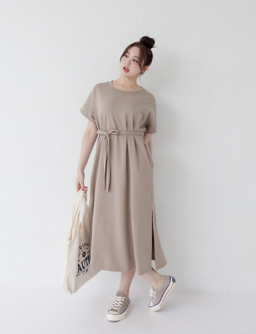 Casual Crew Neck Waist Tie Plus Size Maxi Dress
