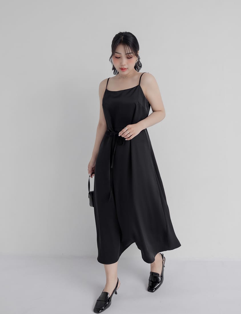 MISS. Satin A-Line Adjustable Strap Plus Size Cami Dress (with Waist Tie)