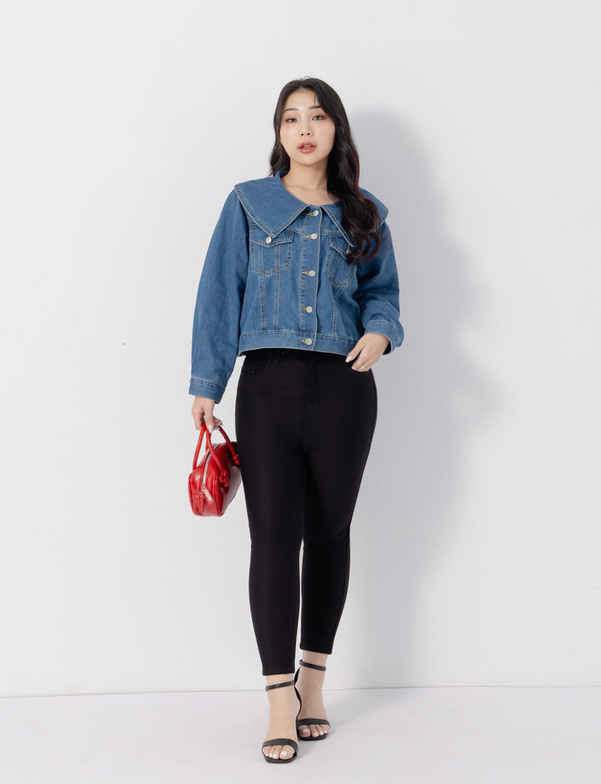 Korean Style Statement Collar Button-Down Plus Size Denim Jacket