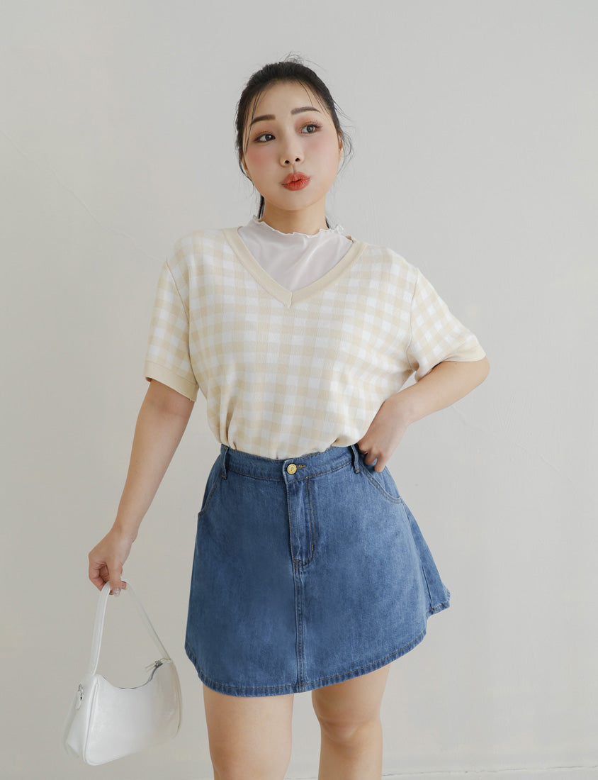 Plaid V-Neck Knit Plus Size Short Sleeve Top