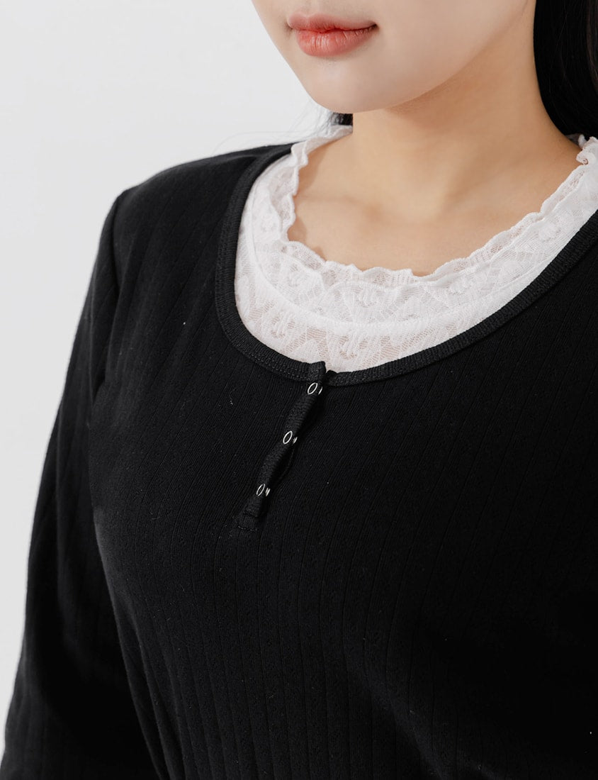 Jacquard Ribbed Button-Front Plus Size Crewneck Top