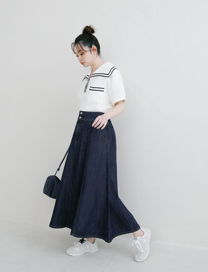 Lyocell Silky Denim Elastic Back Flare Plus Size Maxi Skirt